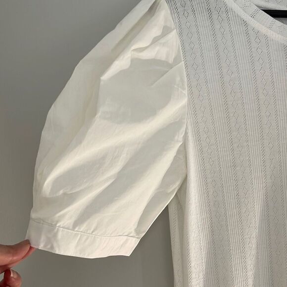 HONEY & T Women's Knit Dress Puffy Sleeves Woven Cotton Off White Size Large NWT - Picture 3 of 8